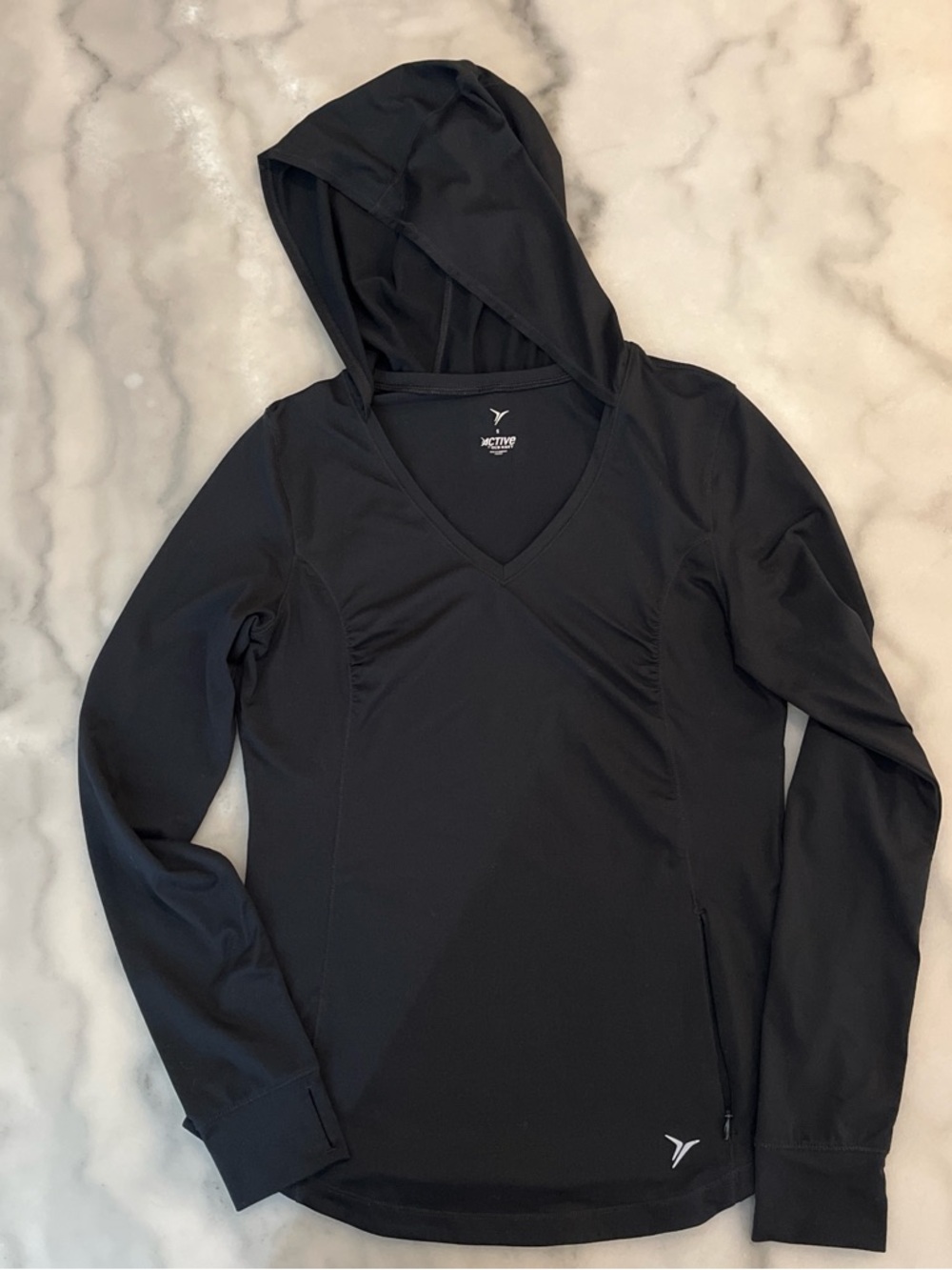 Old Navy Active Black Hooded V‑Neck Active Top with Thumbholes